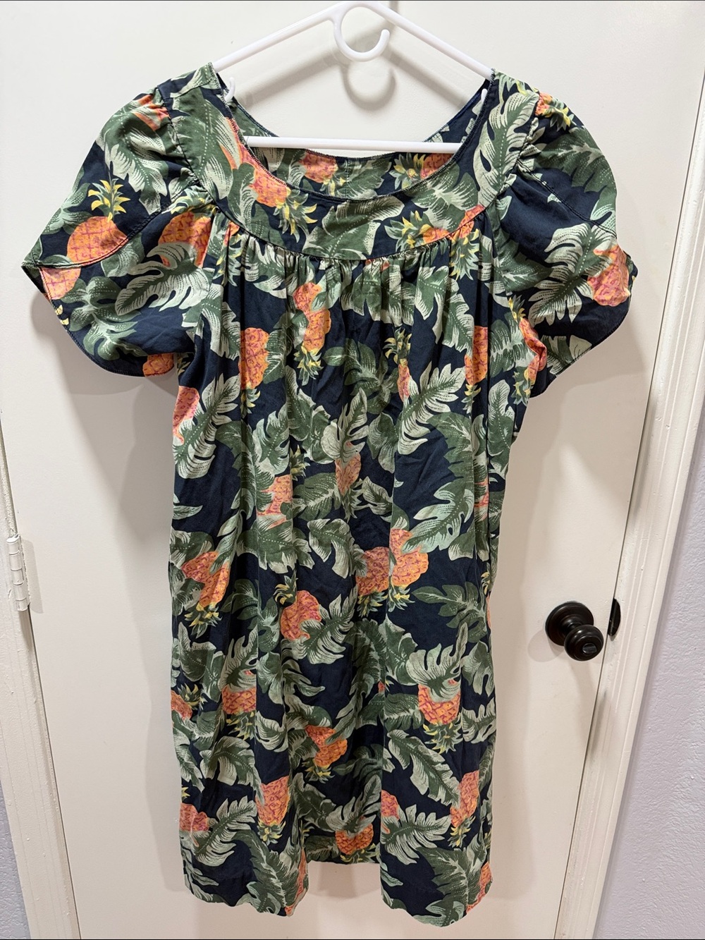 Hilo Hattie Navy Tropical Maxi Dress with Green Leaves & Coral Pineapples